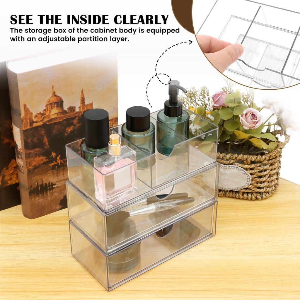3pcs Transparent Desktop Organizer Box  Anti Slip Sturdy Medicine Cabinet Shelves Multipurpose Clear Makeup Organizer