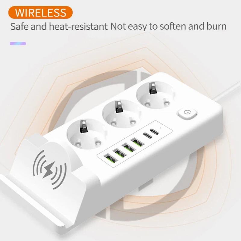 EU Plug Power Strip With Wireless Charger – Multi-Outlet USB PD Charging Station with Wireless Charging Pad