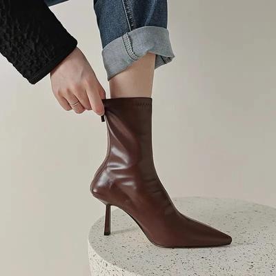 2024 New Autumn Winter Pointed Toe Women Ankle Boots Fashion Zipper Shoes Thin High Heel Women's Morder Short Booties