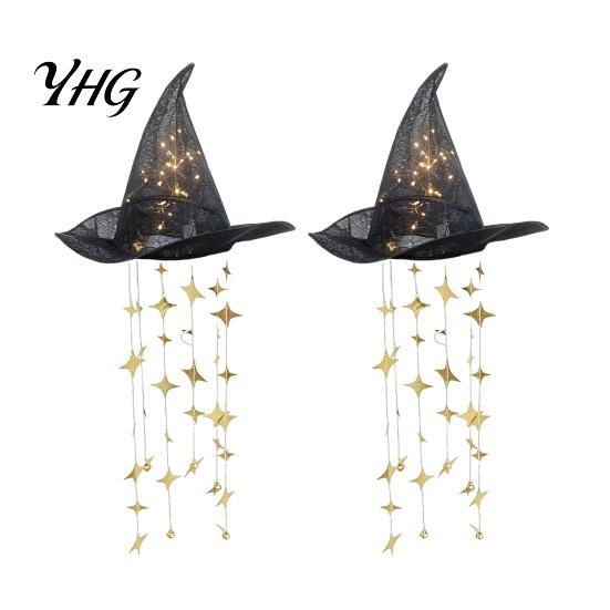 Decorazione Luminosa per Veranda, Cappello da Strega Appeso con Campanellino, Ornamento LED di Halloween con Luci Luminose e Nappe a Stella, Luce Magica per Portico