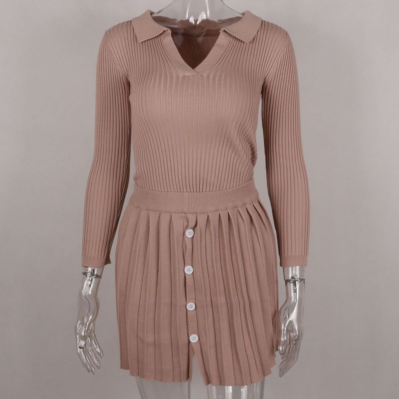 European and American Sexy Pleated Autumn Silm Long Sleeves Open Collar T-shirt Skirt Knitted Two-Piece Knitted Suit