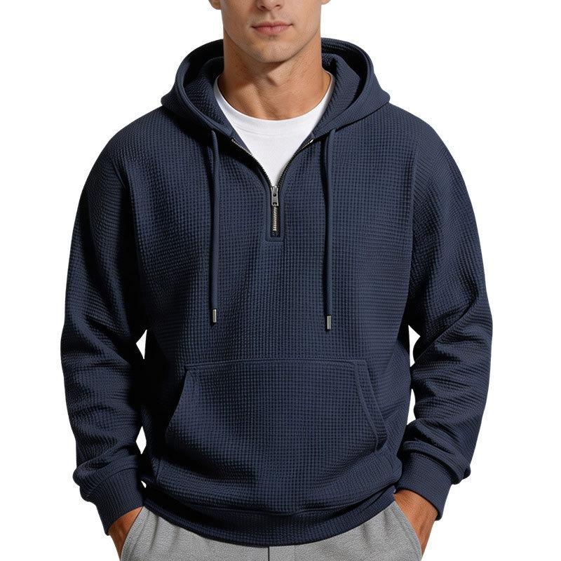Men S Solid Color Waffle Hooded Half Zip Long Sleeve Pullover Sweatshirt