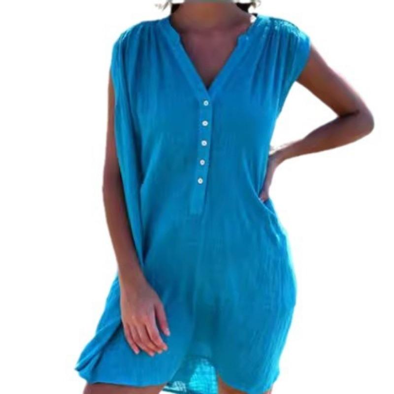 

Летнее женское однотонное модное повседневное платье без рукавов с V-образным вырезом и пуговицами XXL небесно-голубой