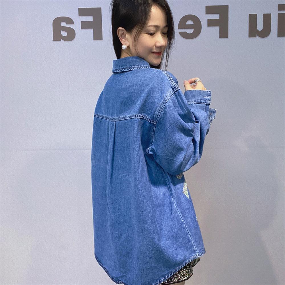 Water Diamond Long-sleeved Denim Shirt for Women's Autumn A New High-end and Elegant Top A Loose and Large-sized Fashionable Casual Coat