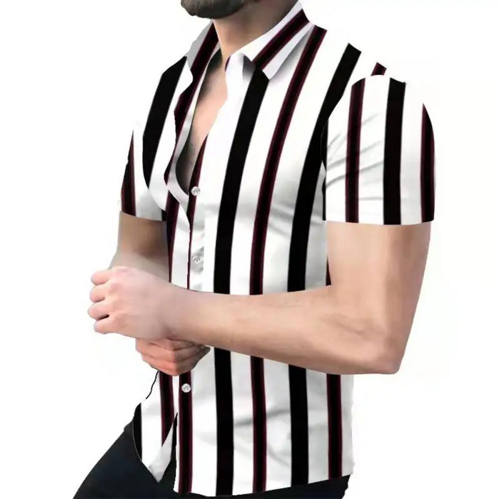 New Men's Striped Print Shirt, Casual Short Sleeve Turn-down Collar Summer Tops