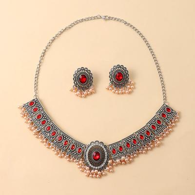 Fashion Retro Ball Tassel Neck Chain Women's Flash Diamond Flower Collarbone Chain Ancient Silver Geometric Necklace Earring Set