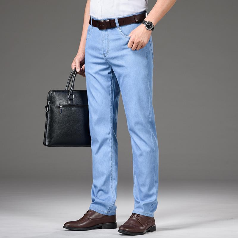 Vară și toamnă Blugi pentru bărbați, subțiri, elastici și largi, clasici de afaceri, ocazional, pantaloni din denim cu picioare drepte, pantaloni elastici pentru bărbați