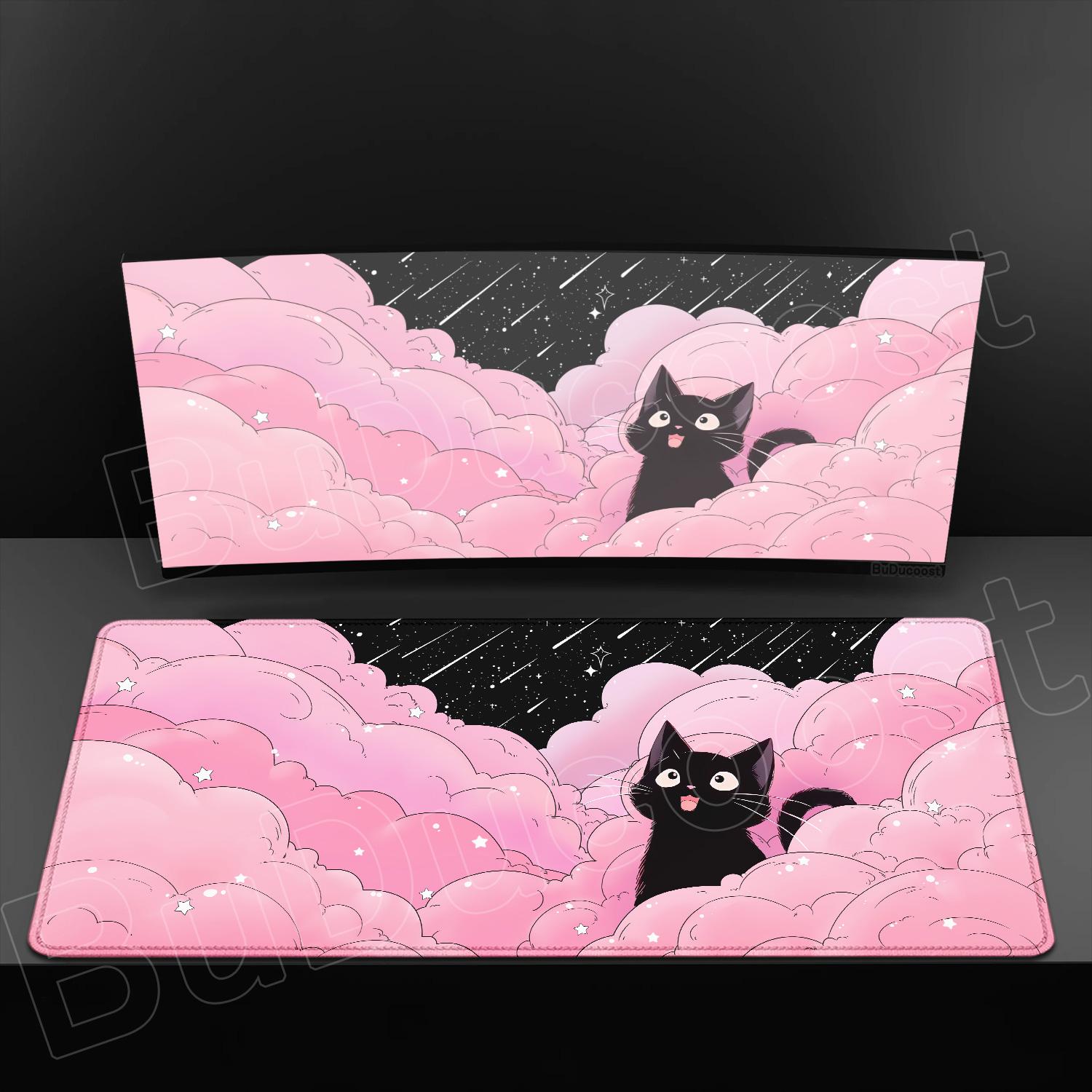 

Black Cat Mousepad Large Office Computer Mat Table Keyboard Clouds Kawaii Mouse Pad Laptop Cushion Non-slip Cute Decor Desk Pads 600x300mm