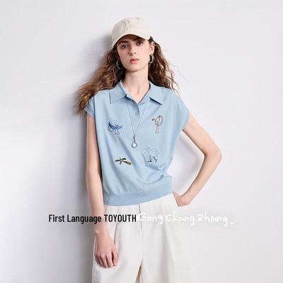 Haut polo en maille sans manches brodé en soie glacée pour femme