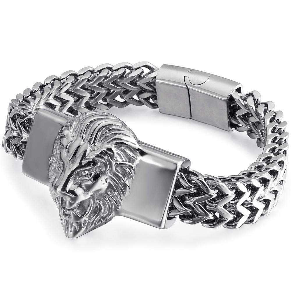 

Gothic Men s Stainless Steel Man Bracelet with Lion Head Punk Rock Biker Jewelry on Hand Chain Bracelets Hypoallergenic Gifts 22cm серебряный