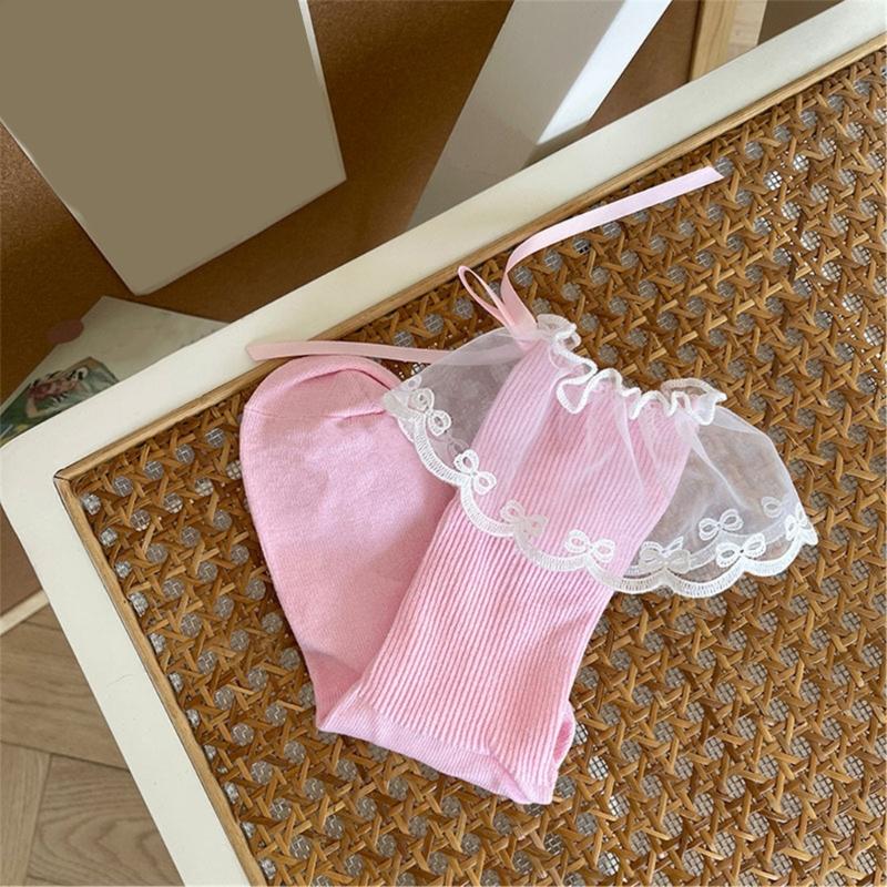 Fashionable Ruffle Mesh Splicing Ankle Socks with Bows Detail Breathable Elegant Solid Color Middle Tube Socks for Women