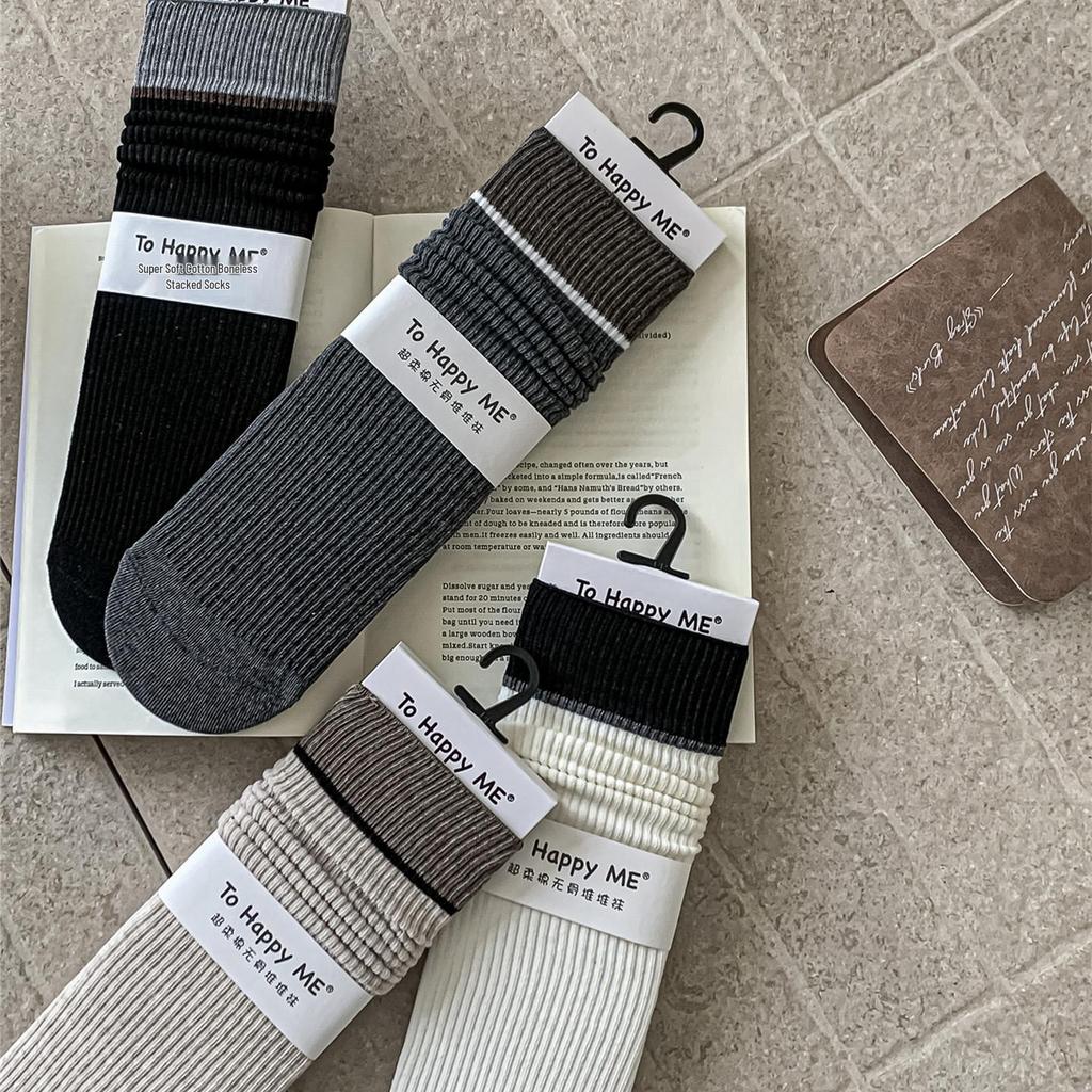 Autumn/Winter Women's Cotton Stacked Color Block Socks - Sweat-Absorbing, Versatile Korean Mid-Calf Socks