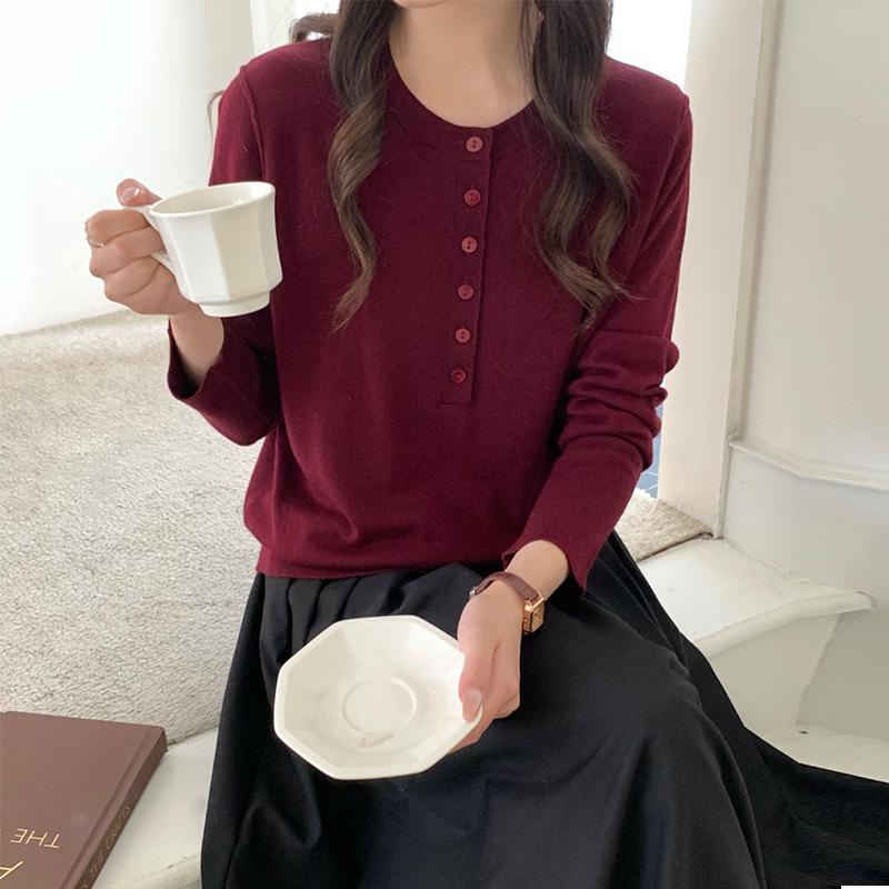 0 wool half placket round neck pullover knitted sweater top women's autumn simple age-reducing sweater