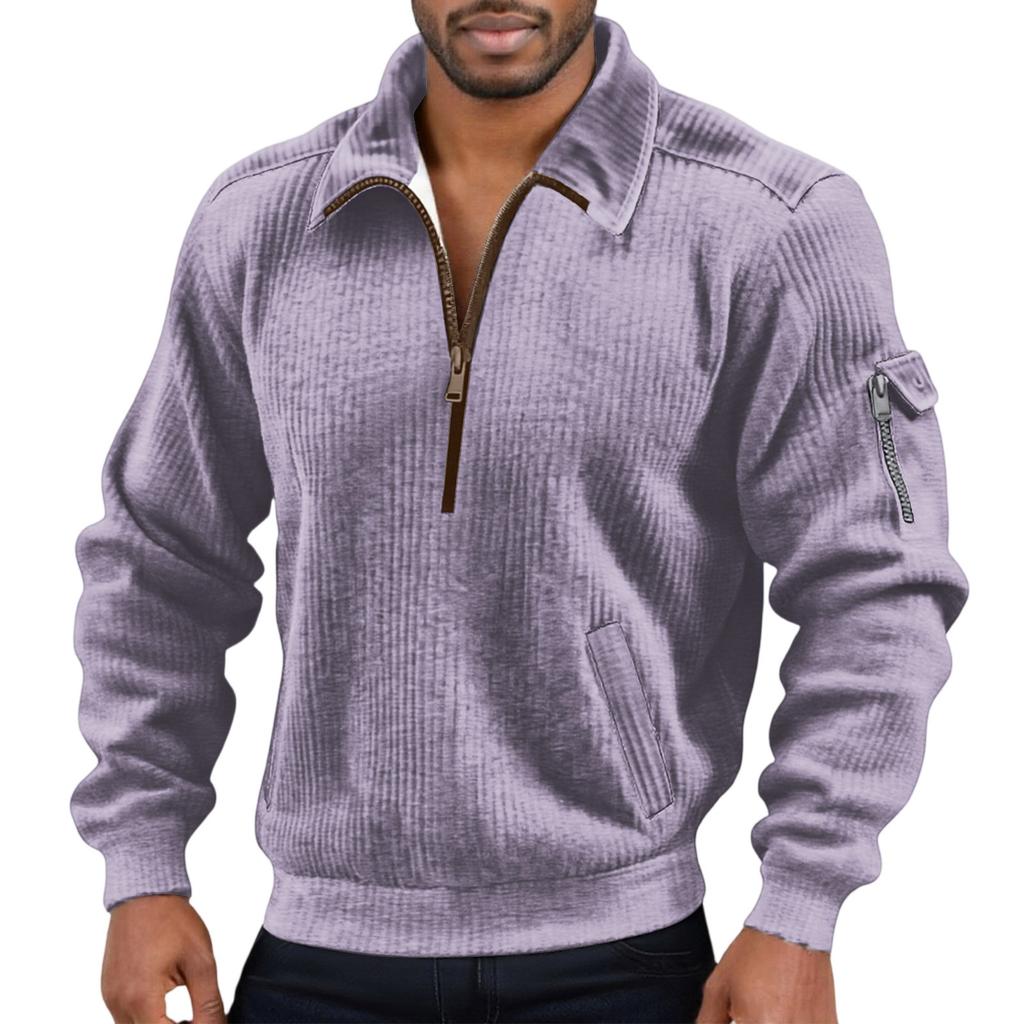 Men's Color Corduroy Zipper Neck Long Sleeve Top Men's Casual Lapel Top