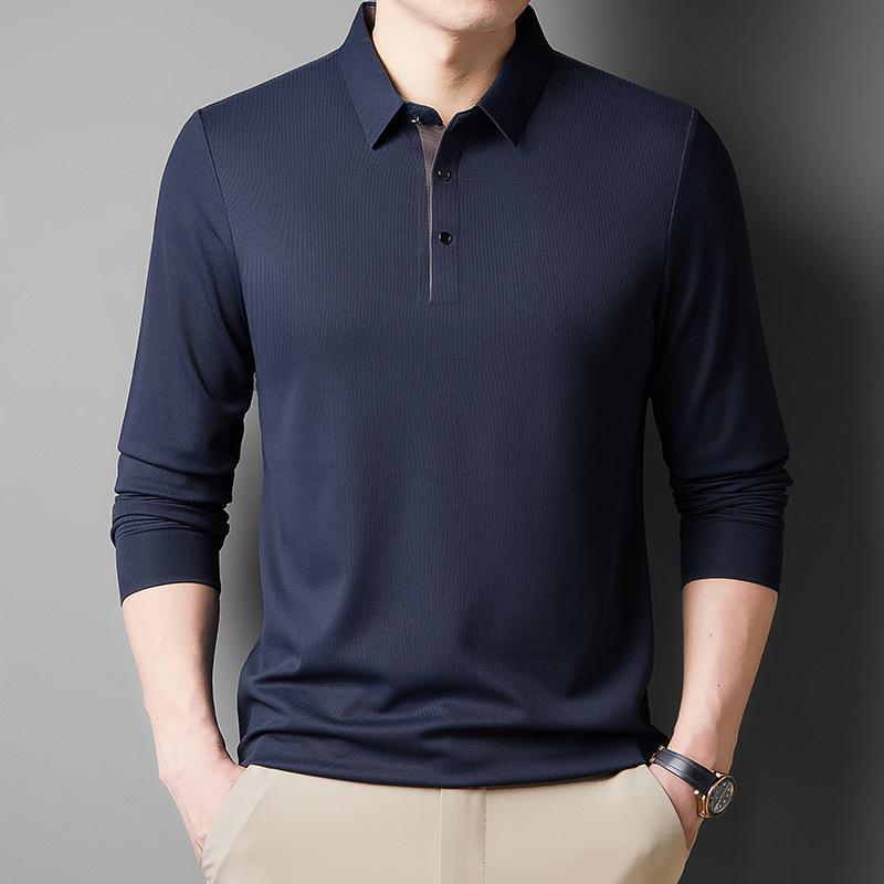 Men'S Seamless Long-Sleeved Polo Shirt Loose Splicing Mid-Lapel Bottoming Shirt T-Shirt
