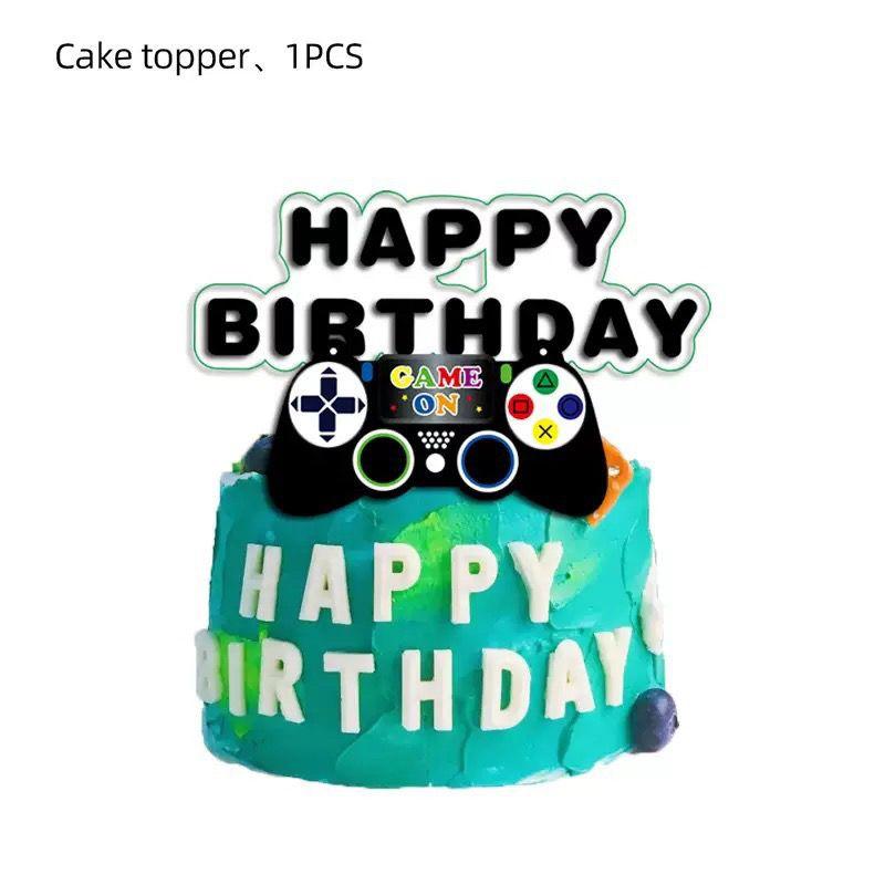 Cartoon Arcade-Themed Party Decoration Set: Boys' Birthday Decorations, Game Controller Banners, Cake Topper, and Spiral Hanging Decorations