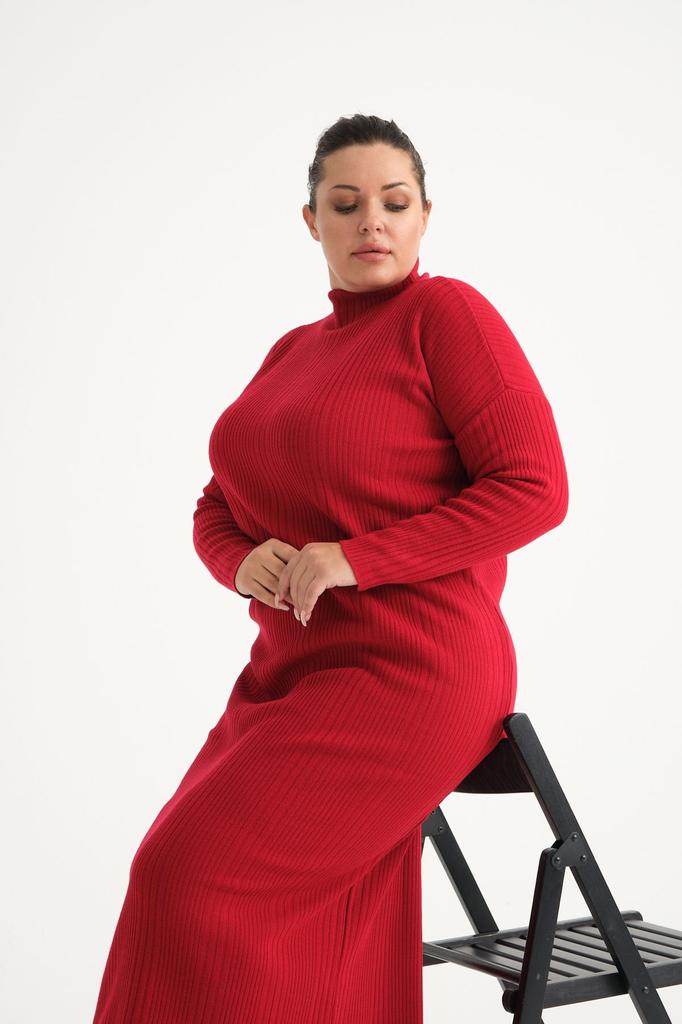 Damen Big Size Kleid Grün Halb Rollkragen Strickkleid Plus Size