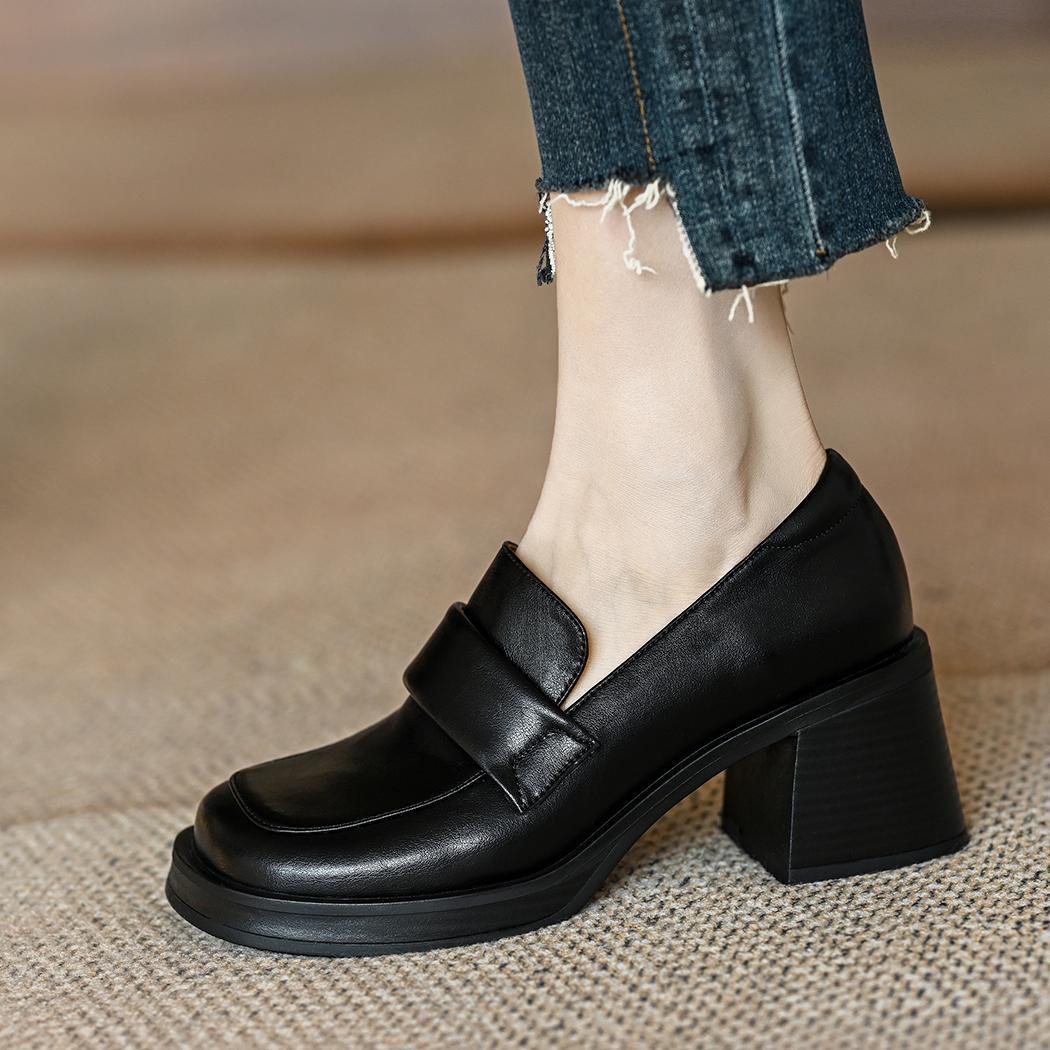 

Мистер. M, кожаные туфли на толстом каблуке для женщин 2025 года, новые туфли на платформе для поездок по городу, французские туфли на высоком каблуке с квадратной головкой 40 чёрный