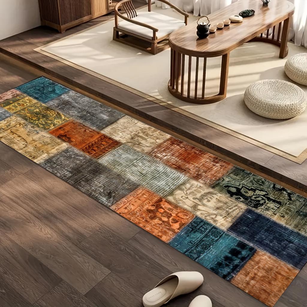 Retro Plaid Carpet High-End Pattern Long Runner Rug Kitchen Rug Living Room Carpet Bedroom Carpet Bedside Floor Mat Home