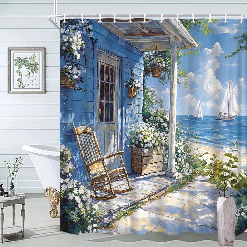 

Seaside Oil Painting Shower Curtain - Creative Animal Sunshine Pattern, Fresh Natural Bathroom Decor, Polyester, 12 Hooks W60H190(CM)-1 Pcs