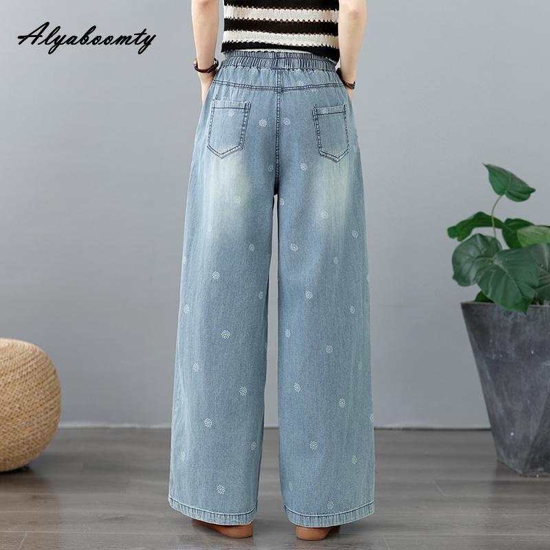 Plus Size Spring Autumn Women Wide Leg Jeans High Waist Drawstring Floral Print Casual Loose Straight Denim Pants Vintage Light Blue Basic Jeans