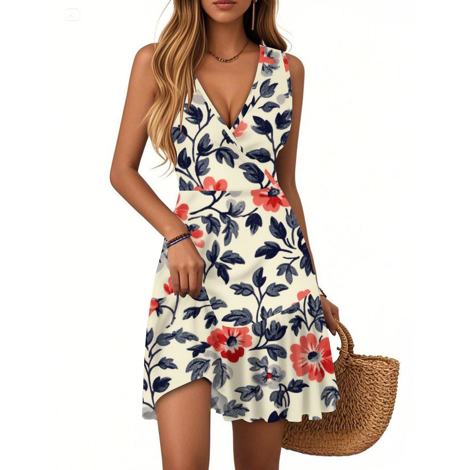 

Women s Dress V-neck Sleeveless Casual Floral Print Hem Pleated Dress XL Темно-синій