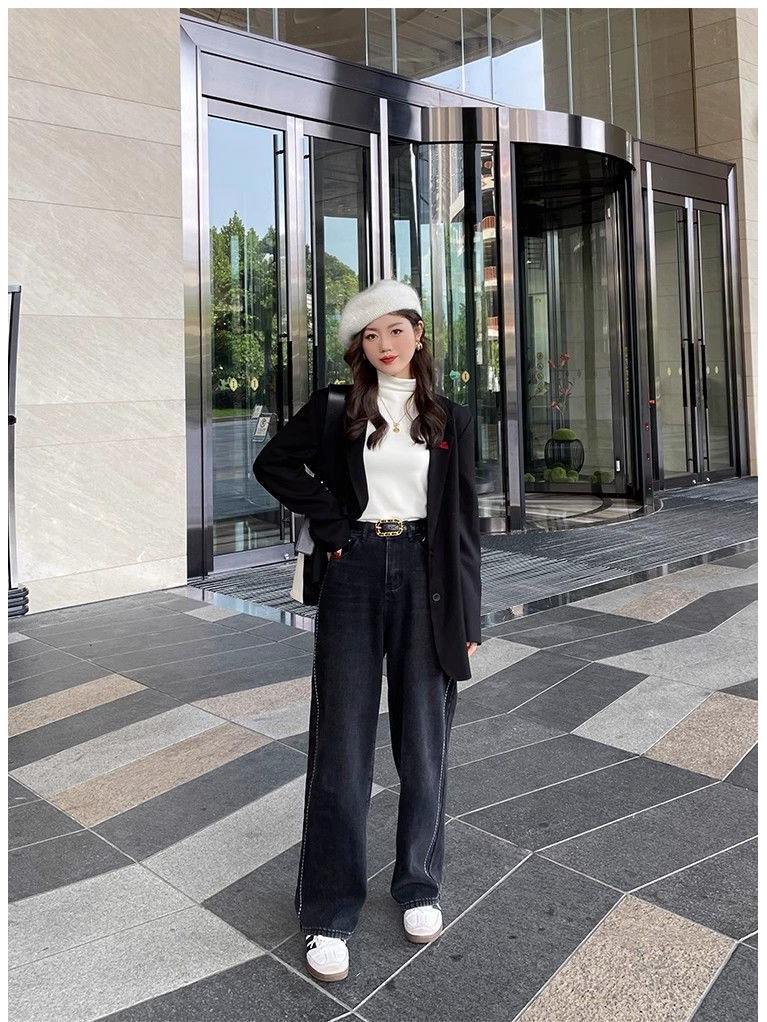 Women's Autumn/Winter 2024 Thick Velvet Half-High Collar Slim Fit Long-Sleeve Top
