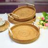 Handwoven Handmade Rattan Tray Round Shape Eco-Friendly Wicker Serving Tray with Handles Large Capacity Food Storage Basket