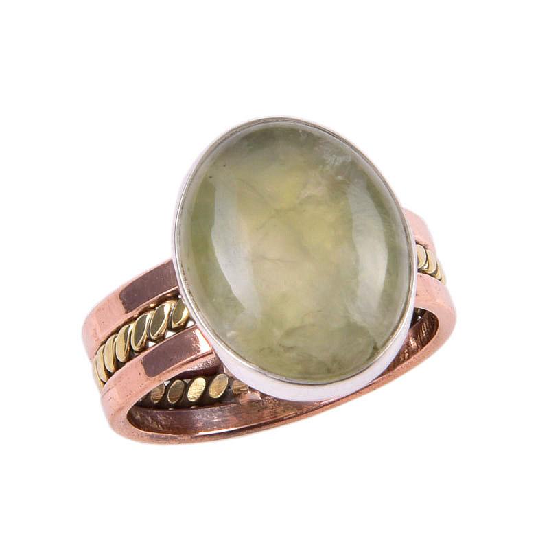 Natural Prehnite Gemstone 925 Solid Sterling Silver Two Tone Ring Size 7.5 R6p73