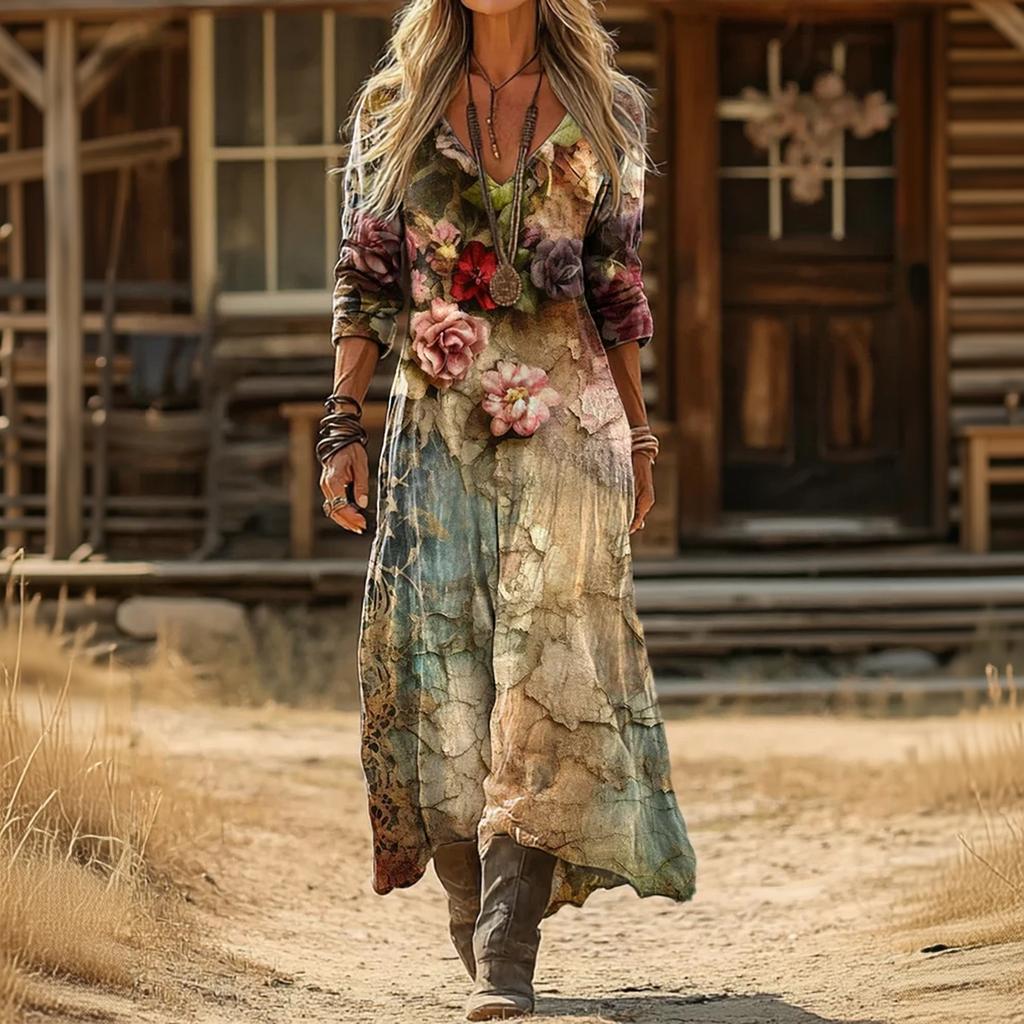 Women's Vintage Ethnic Floral Print Long Sleeve Dress Bohemian Vacation Beach Maxi Dress with V Neck and Relaxed Fit