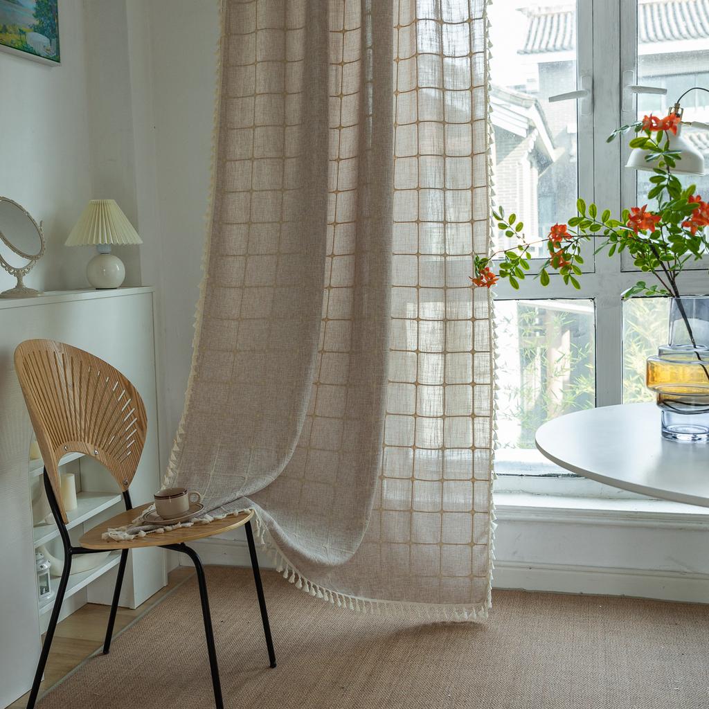 Curtain Finished Grey Plaid Embroidered Farmhouse Decorative Blackout Half Curtain Bohemian Curtain