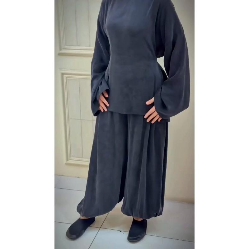 Womens 2026 Fall 2-Piece Set Long Sleeve Top With Tie Detail Slit Wide Leg Pants Casual Elegant Outfit