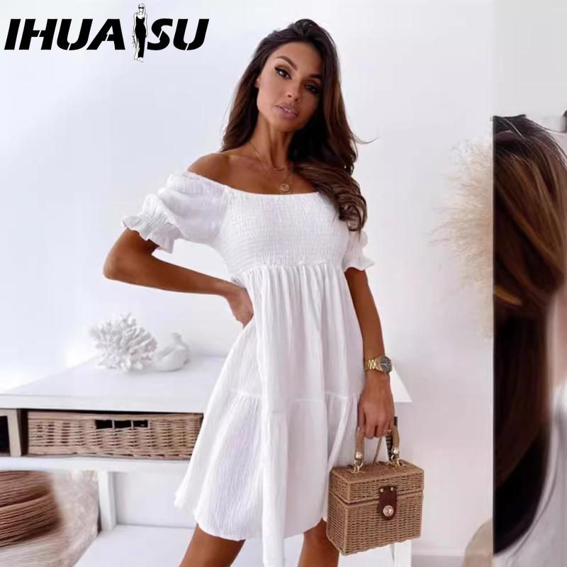 

IHUASU сексуальное платье с разрезом на шее женское летнее плиссированное платье с рукавами-фонариками и открытой спиной для вечеринок и пляжа женское элегантное однотонное платье длиной до колена L белый