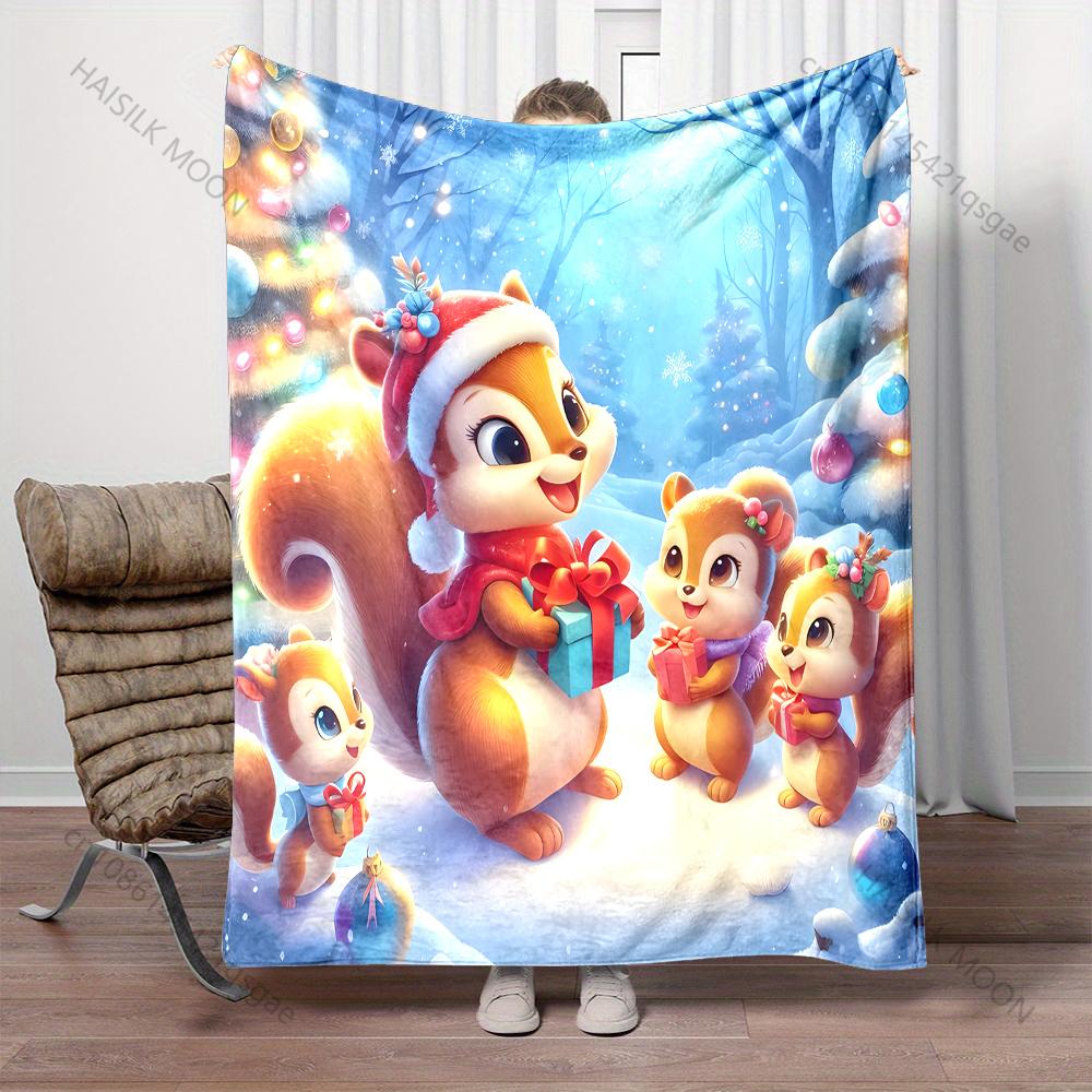 Festive Squirrels with Christmas Presents Pattern Blanket Flannel Material Soft Warm for All Seasons for Home Outdoor Camping