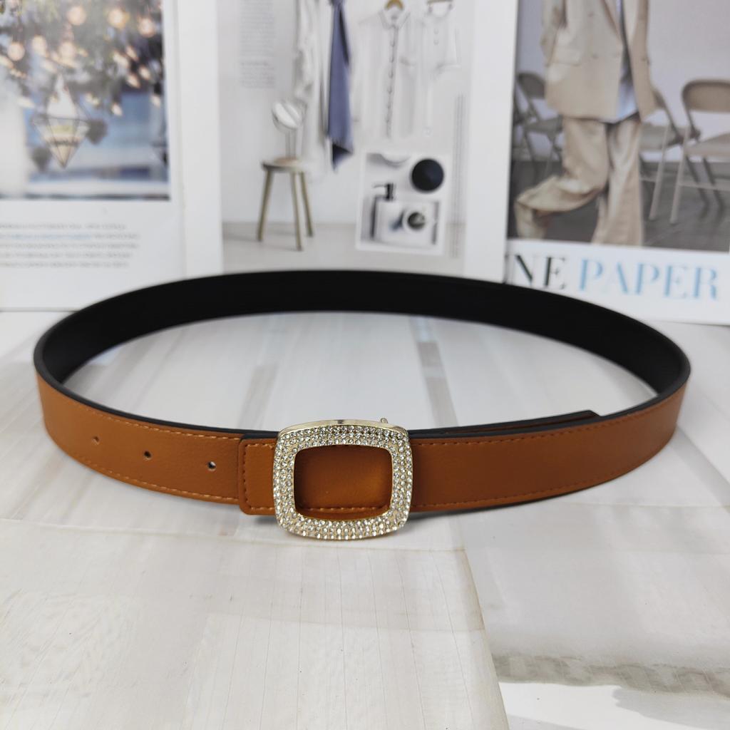 New Color Lychee Pattern Cowhide Belt Women'S Square Diamond-Encrusted Smooth Buckle Simple Jeans Belt