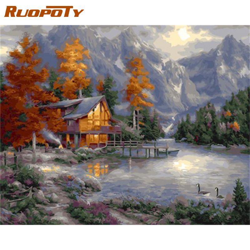 RUOPOTY Small House Picture DIY Painting By Numbers Kits Landscape Modern Wall Art Picture By Numbers For Home Decors 40x50cm
