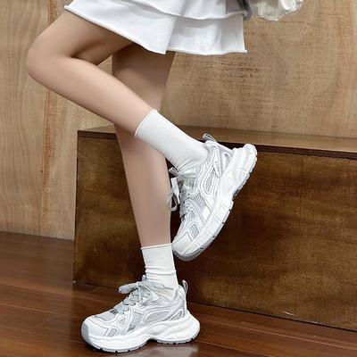 Simple and Fashionable Dad Shoes Women's Spring New Leather Mesh Splicing Breathable Lightweight Platform Sports Shoes