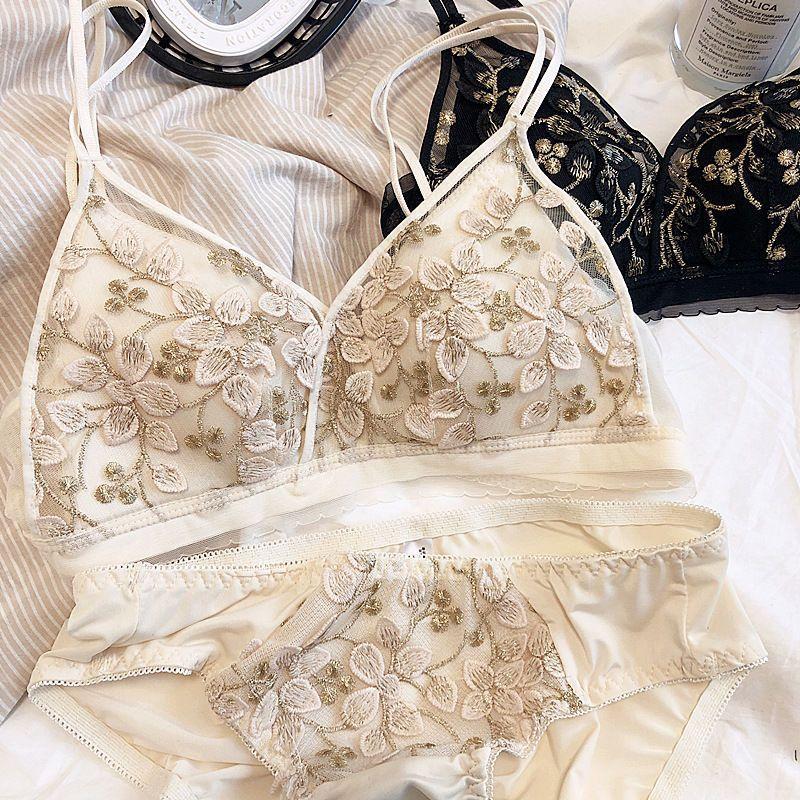 High-end new female sexy underwear embroidery without steel ring triangle cup thin upper support gathered to show small bra cover set