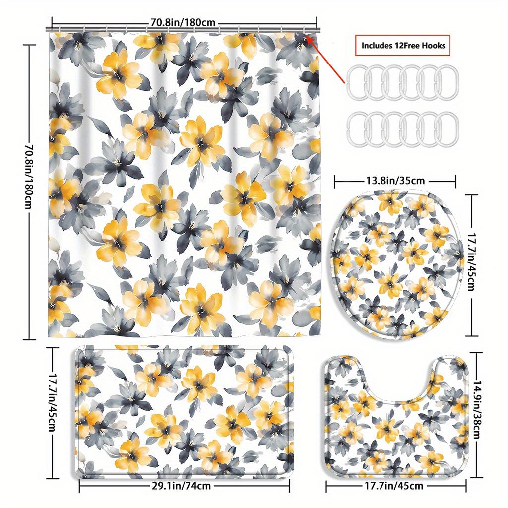 4Pcs Yellow Black Floral Shower Curtain Set with Non-Slip Bath Mat, Toilet Lid Cover, Contour Rug & 12 Hooks, Bathroom Decor
