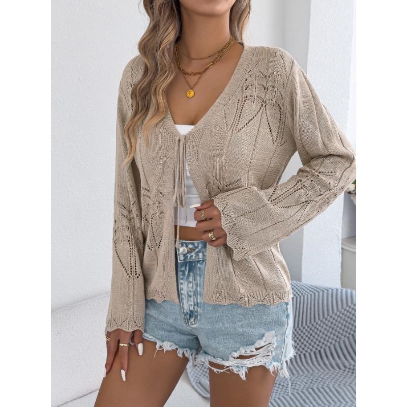 Women Beige Crochet Knit Bell Sleeve Tie Front Cardigan