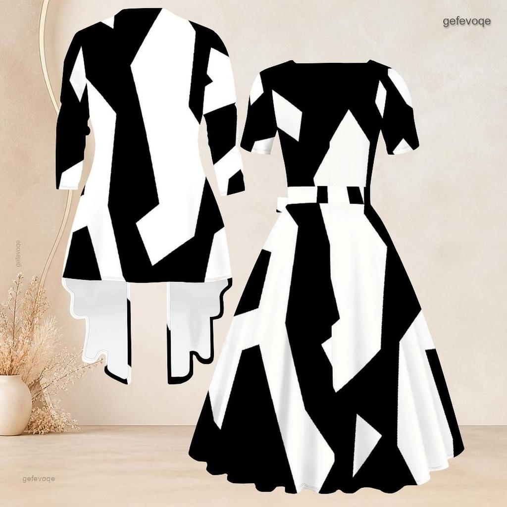 Women Plus Size Two Piece Set Square Neck Short Sleeve Tie Waist Printed Flared Dress 3 4 Sleeve Black White Cardigan