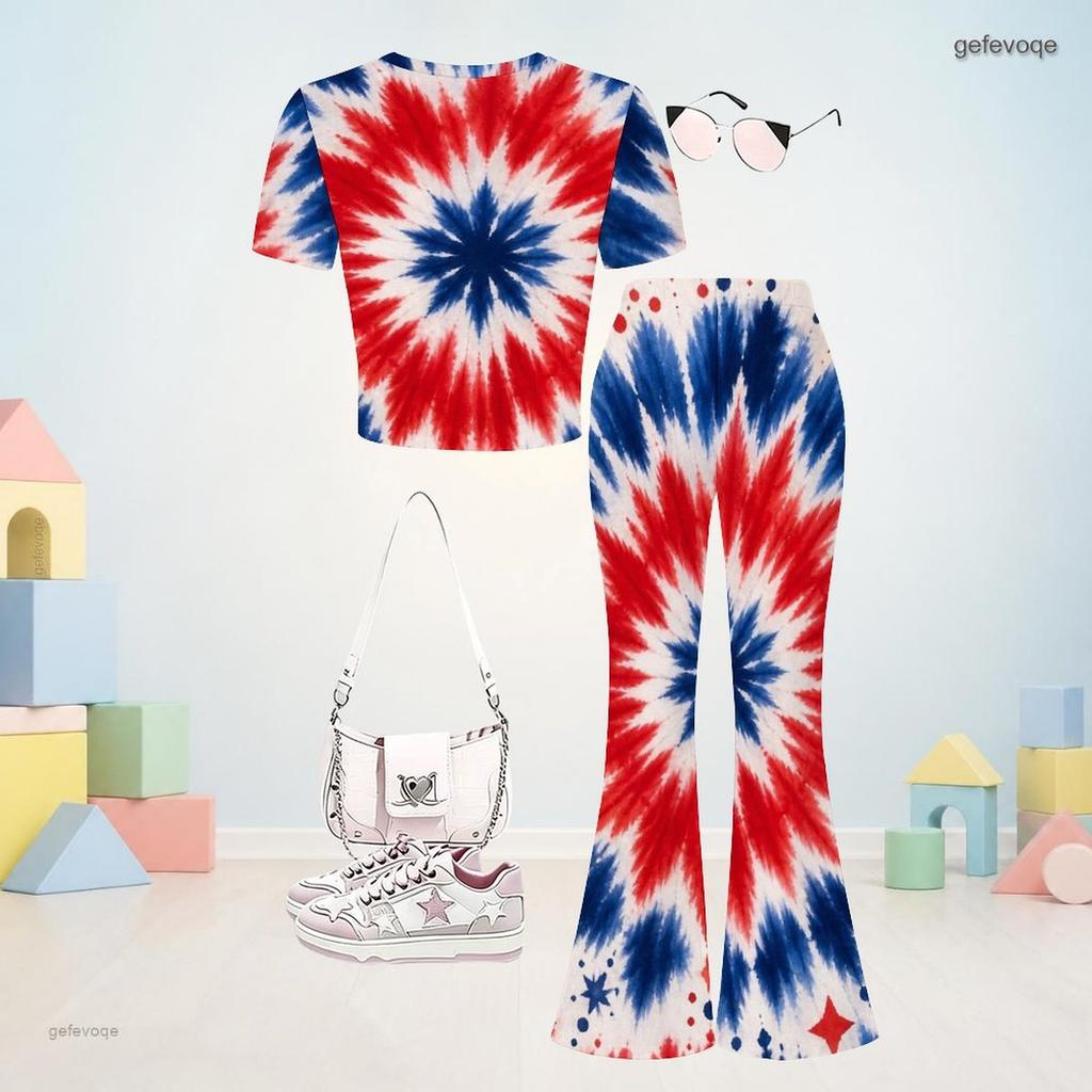 Girls Round Neck Short Sleeve Printed Top And Flared Pants Navy Blue Two Piece Set