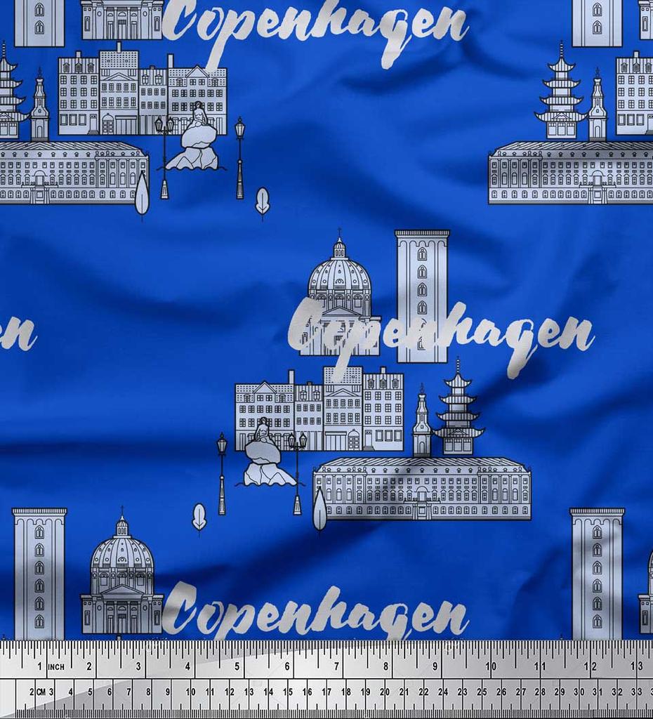 Soimoi Blue Japan Crepe Satin Fabric Sketch Monuments Architectural Printed Craft Fabric by the metre 42 Inch