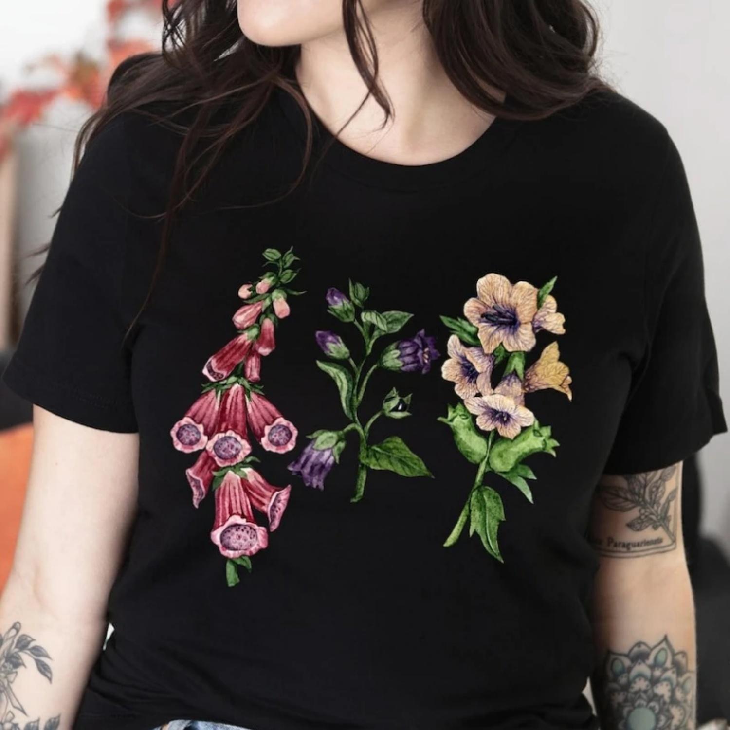 Футболки с принтом «Ядовитые растения» «Ядовитый сад» «Ведьминские» Белладонна Белена Наперстянка Темные Ботанические Готические Цветы S чёрный