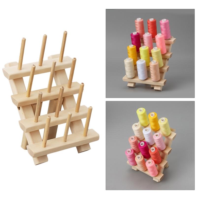 Portable 12-Spools Wooden Thread Holder Sewing & Embroidery Thread Rack & Organizer Thread Rack for Sewing Compact Size