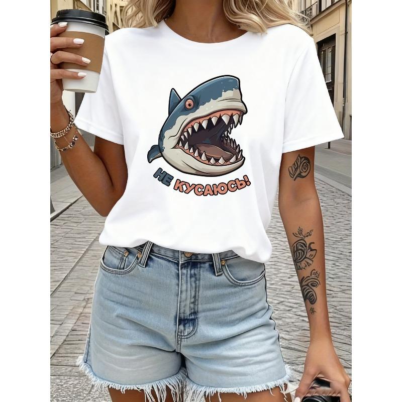 Women's Cartoon Shark Mouth Russian Slogan Sports T-Shirt Casual Crew Neck Short Sleeve All-Season Comfort Top