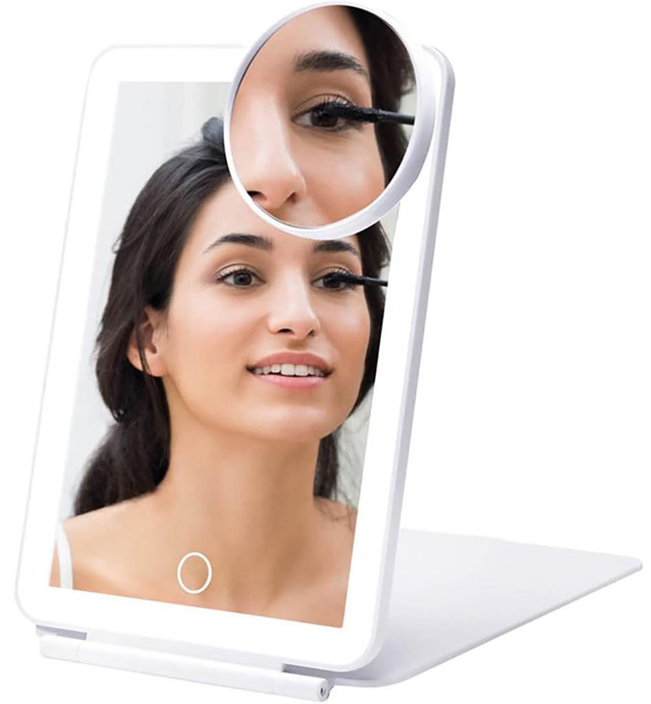 Desktop makeup mirror with 3 color LED light stepless brightness magnifying angle compact storage and easy settings, foldable, touchscreen,