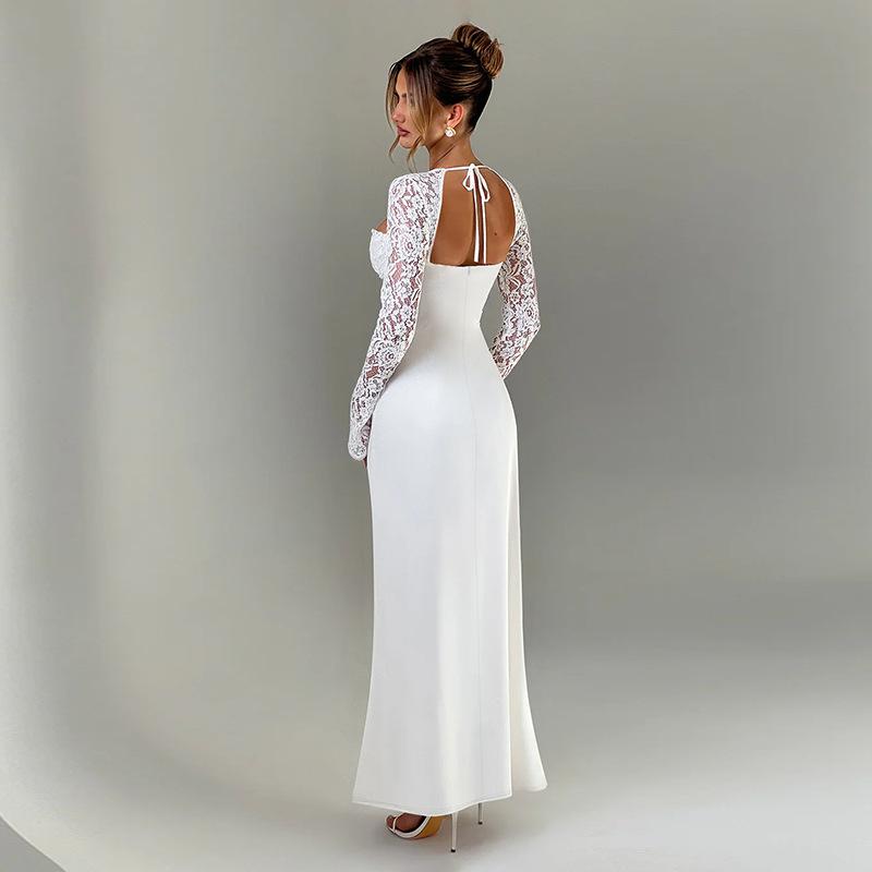 Women's Autumn/winter Lace Splicing Long Sleeve Sexy Slit Slim Dress Dress
