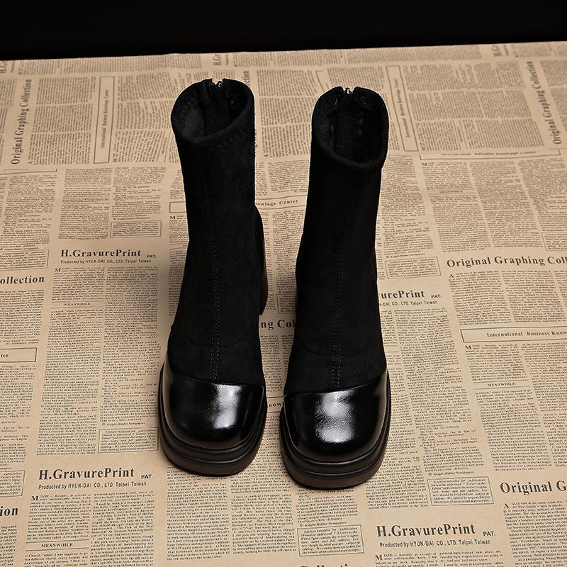 European spring and autumn high-heeled short boots women's 2025 new small man looks tall, autumn and winter thin with skirt thick-soled Martin boots