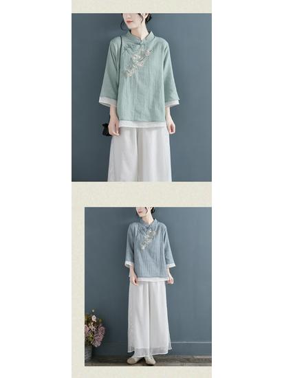 Chinese Ethnic Style Embroidered Cotton-Linen Frog Button Top for Women, Summer 2024, Stand Collar with Three-Quarter Sleeves.